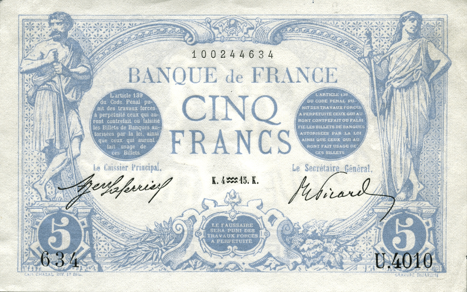 5 francs « Bleu à filigrane »