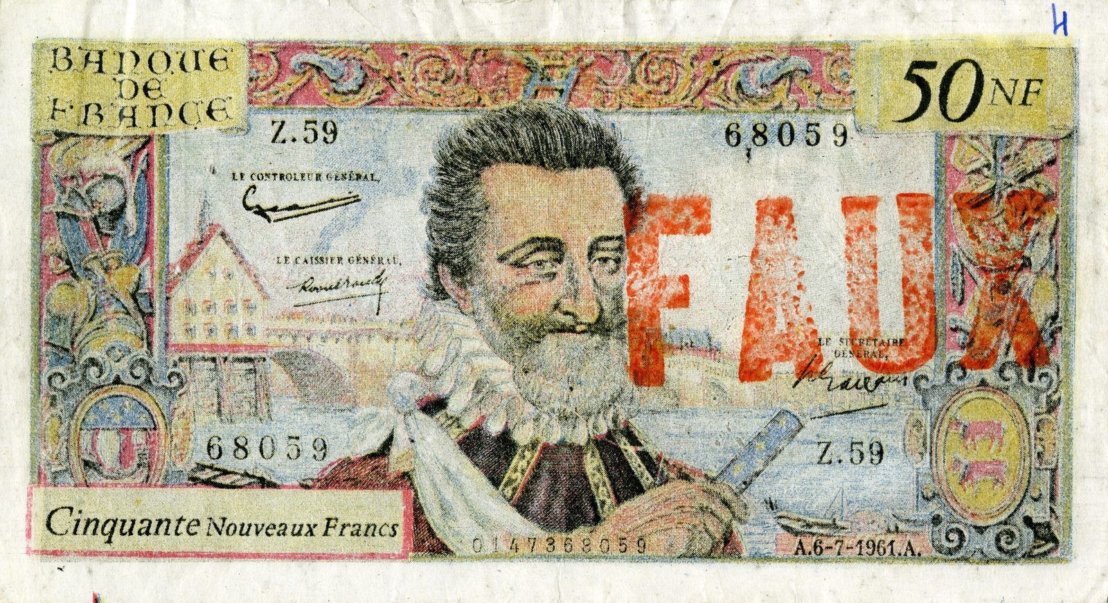 Faux billet de 50 nouveaux francs type 1957 « Henri IV »