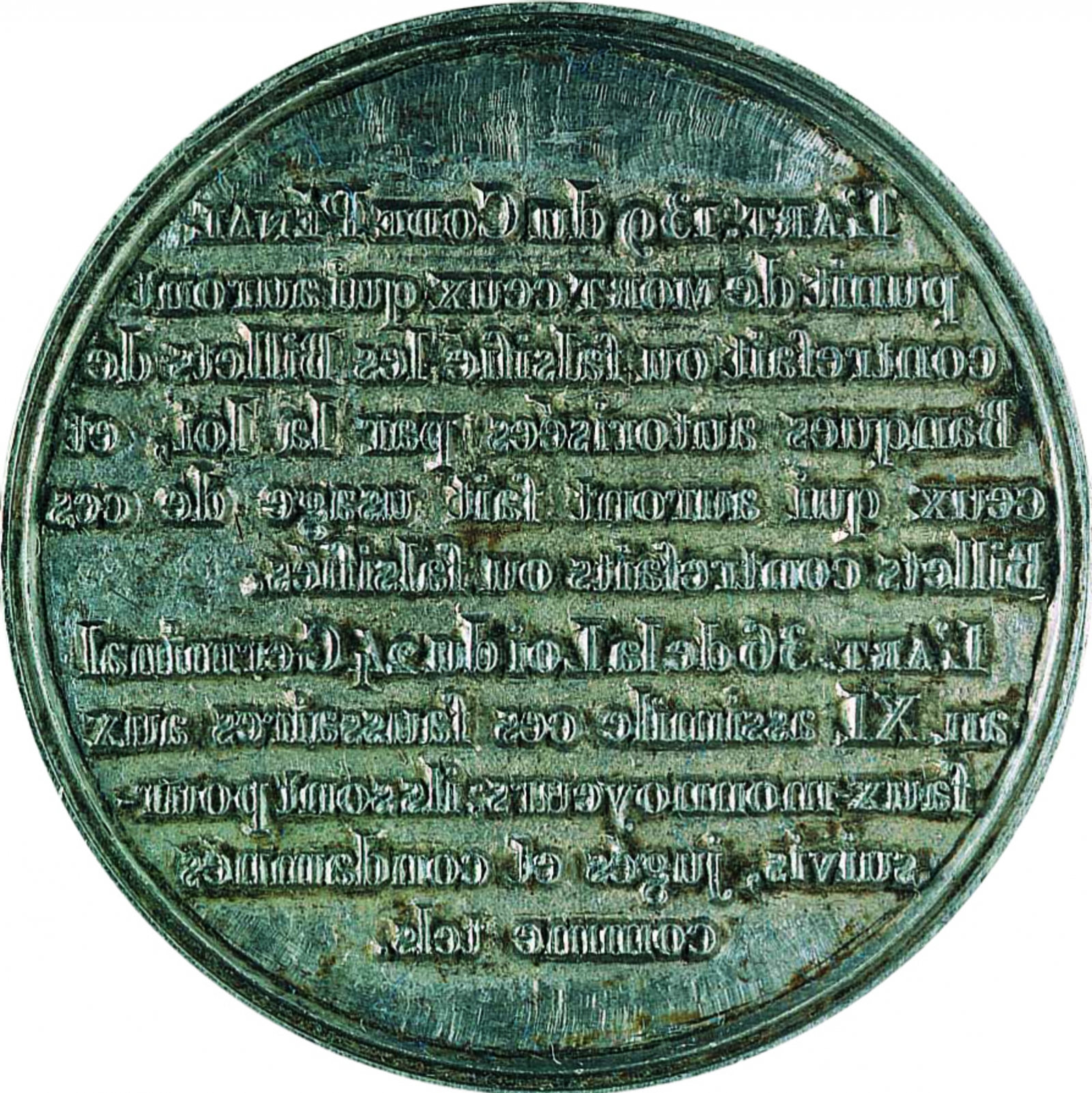 Élément typographique en médaillon du 1 000 francs type 1829, reprenant l’article 139 du Code pénal