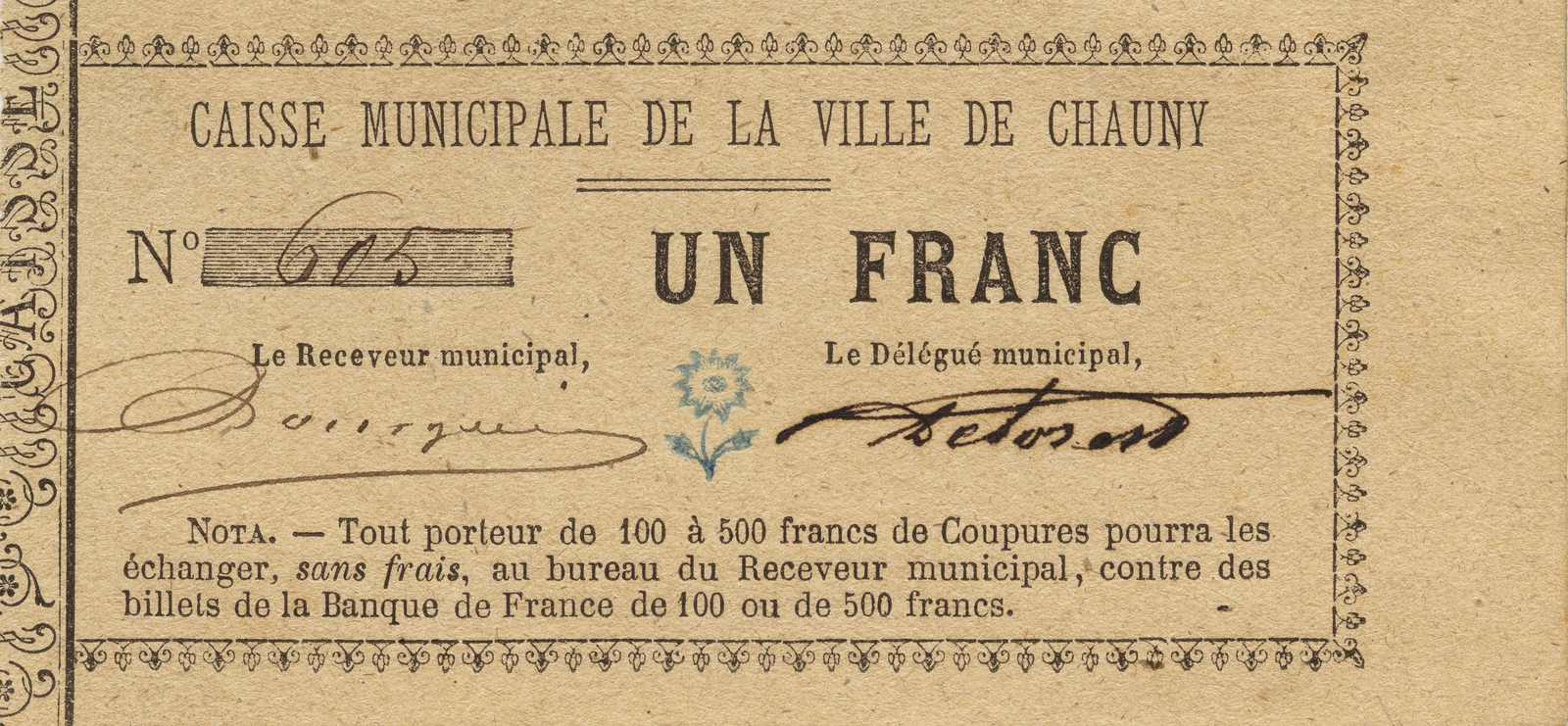 Bon de monnaie 1 franc, Caisse municipale de Chauny