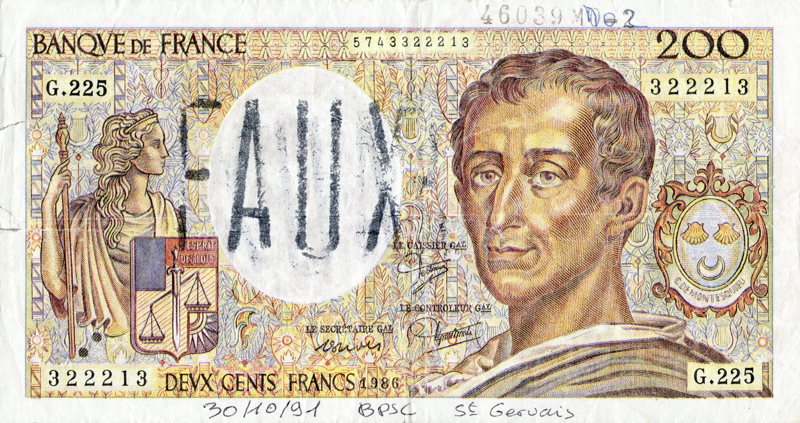 Faux billet de 200 francs « Montesquieu »