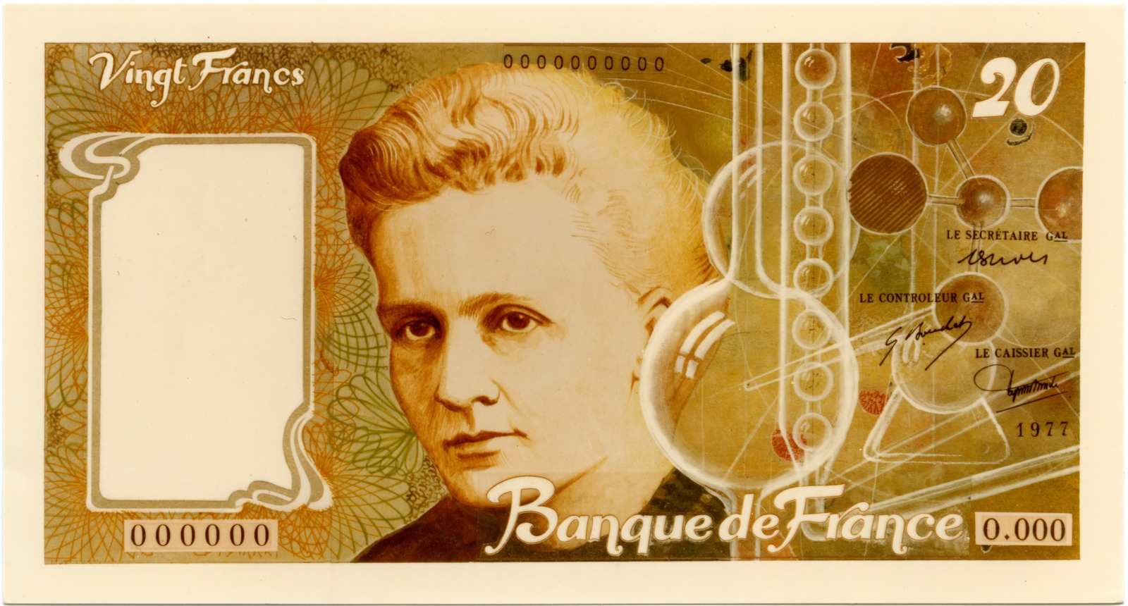 Maquette du projet du billet de 20 francs « Marie Curie »